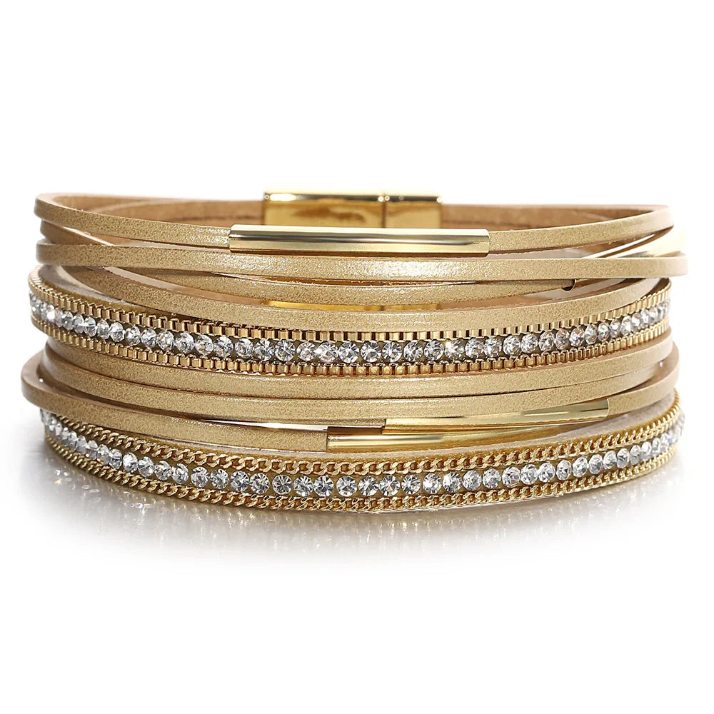 ALLYES Vintage Multilayer Wrap Leather Bracelet for Women Charm Rhinestone Metal Tube Wide Bangle Bracelets Party Jewelry Gifts