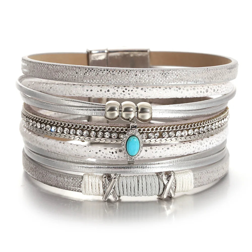 ALLYES Fashion Beads Cross Leather Bracelet for Women Men Chunky Rhinestone Chain Multilayer Wrap Wide Bracelets Party Jewelry