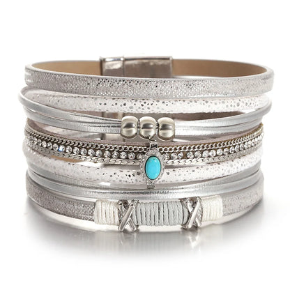 ALLYES Fashion Beads Cross Leather Bracelet for Women Men Chunky Rhinestone Chain Multilayer Wrap Wide Bracelets Party Jewelry