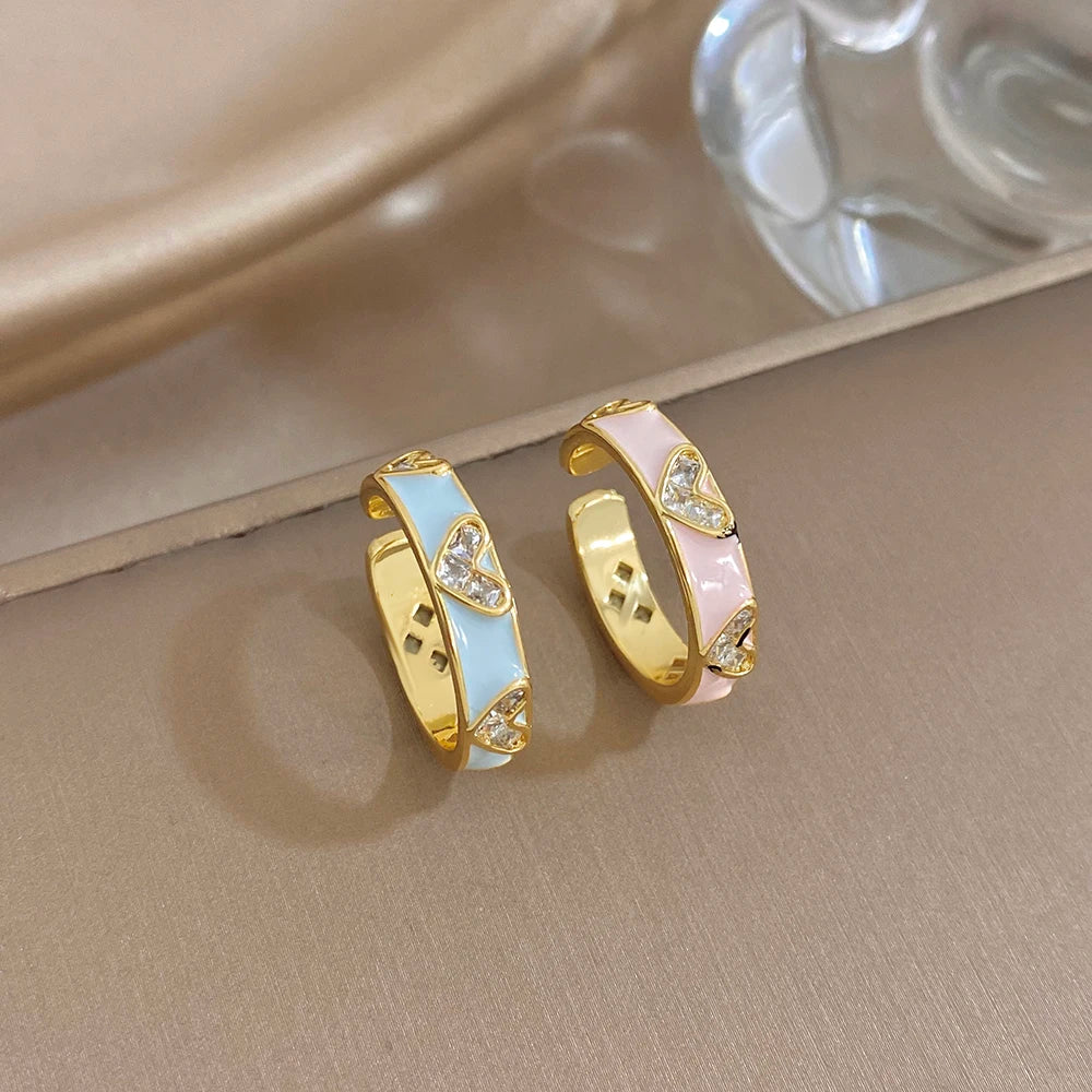 ALLYES Romantic Enamel Heart Zirconia Open Ring for Women Exquisite Gold Plated Copper Finger Rings Valentine's Day Gifts