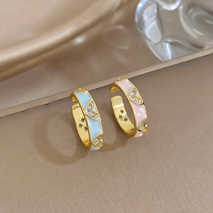 ALLYES Romantic Enamel Heart Zirconia Open Ring for Women Exquisite Gold Plated Copper Finger Rings Valentine's Day Gifts