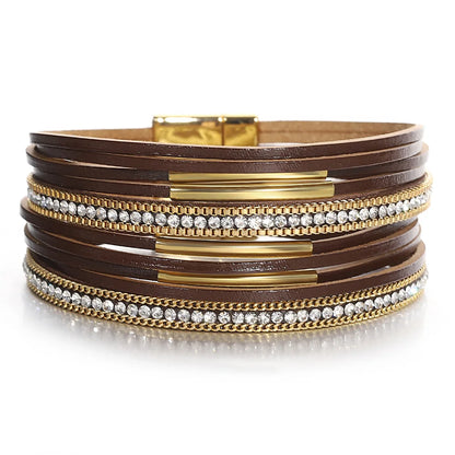 ALLYES Vintage Multilayer Wrap Leather Bracelet for Women Charm Rhinestone Metal Tube Wide Bangle Bracelets Party Jewelry Gifts
