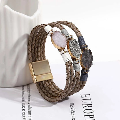 ALLYES Vintage Natural Stones Leather Bracelet for Women Men Boho Handmade Braided Multilayer Winding Wrap Bracelets Jewelry