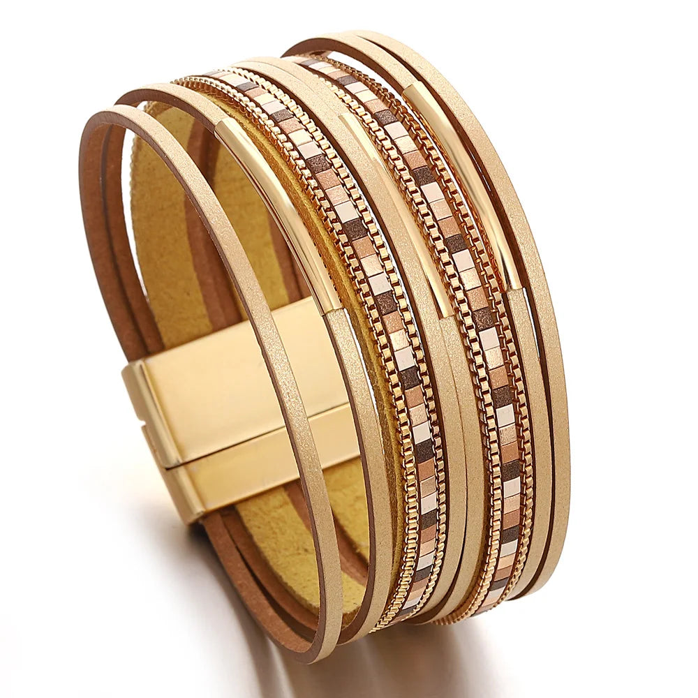ALLYES Trendy Colorful Square Leather Bracelet for Women Men Boho Metal Tube Multilayer Wrap Wide Bracelets Charm Party Jewelry