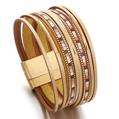 ALLYES Trendy Colorful Square Leather Bracelet for Women Men Boho Metal Tube Multilayer Wrap Wide Bracelets Charm Party Jewelry