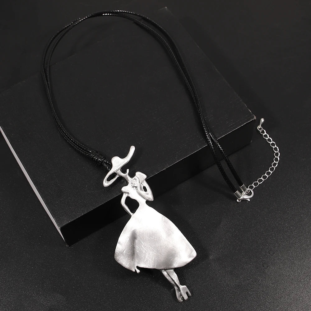 ALLYES Vintage Boho Long Leather Necklaces Elegant Matte Metal Women Pendant Necklace Sweater Chain Fall & Winter Jewelry
