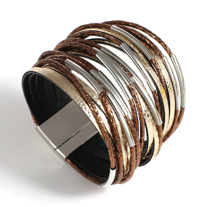 ALLYES Trendy Metal Tube Leather Bracelet for Women Men Chunky Glitter Filled Slim Multilayer Wrap Wide Bracelets Party Jewelry