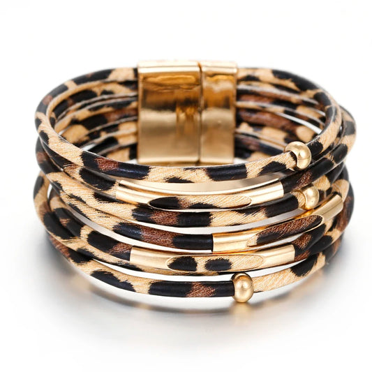 ALLYES Leopard Leather Bracelet Jewelry Fashion Women Metal Tube Ladies Wide Boho Multilayer Wrap Bracelets & Bangles