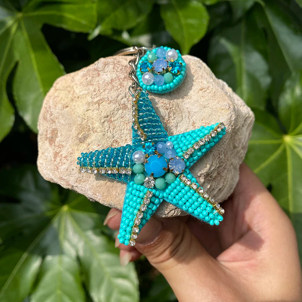 ALLYES Exquisite Seed Beads Hand-sewn Starfish Keychain, Trendy Mobile Phone Handbag Hanging, Flower Charms Keyring Accessories