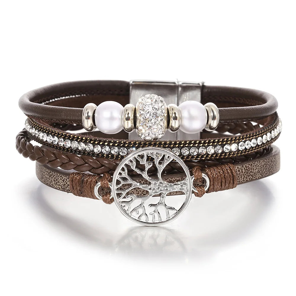 ALLYES Tree of Life Rhinestone Beads Pearl Leather Bracelets for Women Charm Bohemian Multilayer Wrap Bracelet Halloween Jewelry