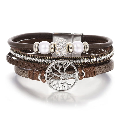 ALLYES Tree of Life Rhinestone Beads Pearl Leather Bracelets for Women Charm Bohemian Multilayer Wrap Bracelet Halloween Jewelry