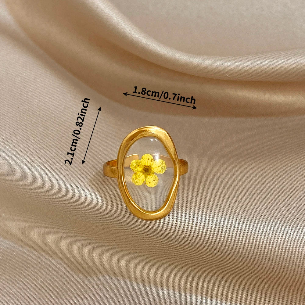 ALLYES Vintage Natural Yellow Flower Open Rings for Women Elegant Gold Plated Stainless Steel Finger Ring Party Jewelry Gifts