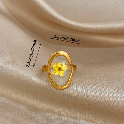 ALLYES Vintage Natural Yellow Flower Open Rings for Women Elegant Gold Plated Stainless Steel Finger Ring Party Jewelry Gifts