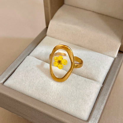ALLYES Vintage Natural Yellow Flower Open Rings for Women Elegant Gold Plated Stainless Steel Finger Ring Party Jewelry Gifts
