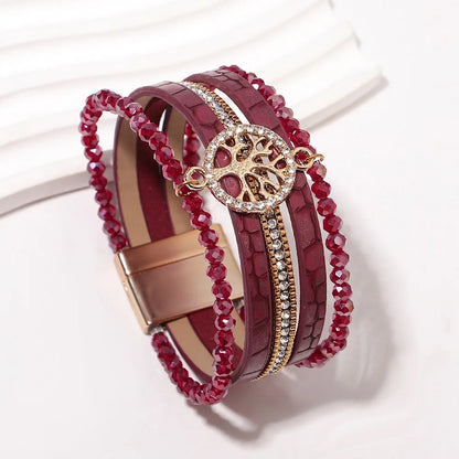 ALLYES Vintage Tree of Life Leather Bracelet for Women Multilayer Crystal Beads Chain Wrap Bracelets & Bangles Party Jewelry