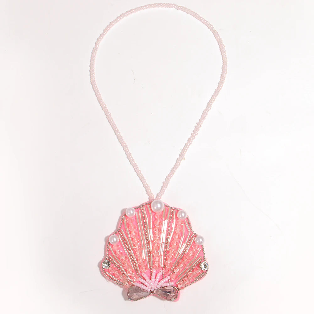 ALLYES Chic Pink Handcrafted Beaded Bowknot Scallop Keychain, Fashion Mobile Phone Handbag Hanging, Charms Keyring Accessories