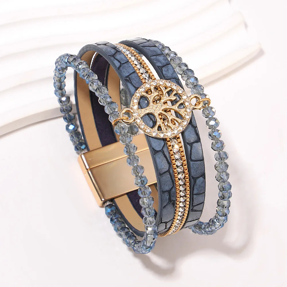 ALLYES Vintage Tree of Life Leather Bracelet for Women Multilayer Crystal Beads Chain Wrap Bracelets & Bangles Party Jewelry