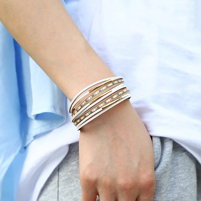 ALLYES Trendy Colorful Square Leather Bracelet for Women Men Boho Metal Tube Multilayer Wrap Wide Bracelets Charm Party Jewelry