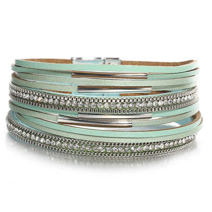 ALLYES Vintage Multilayer Wrap Leather Bracelet for Women Charm Rhinestone Metal Tube Wide Bangle Bracelets Party Jewelry Gifts