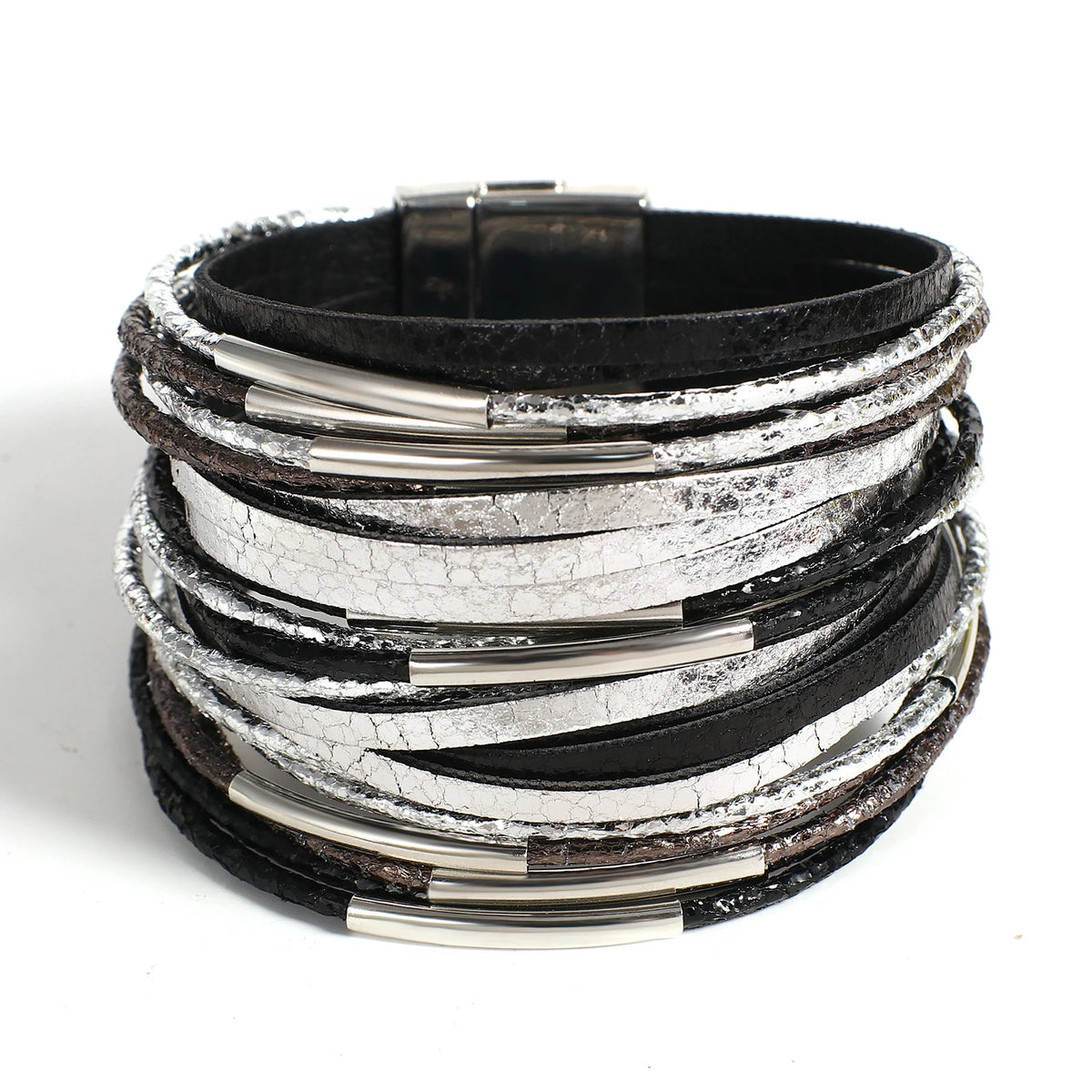 ALLYES Trendy Metal Tube Leather Bracelet for Women Men Chunky Glitter Filled Slim Multilayer Wrap Wide Bracelets Party Jewelry