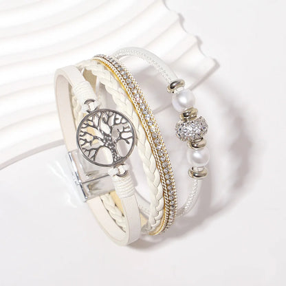 ALLYES Tree of Life Rhinestone Beads Pearl Leather Bracelets for Women Charm Bohemian Multilayer Wrap Bracelet Halloween Jewelry