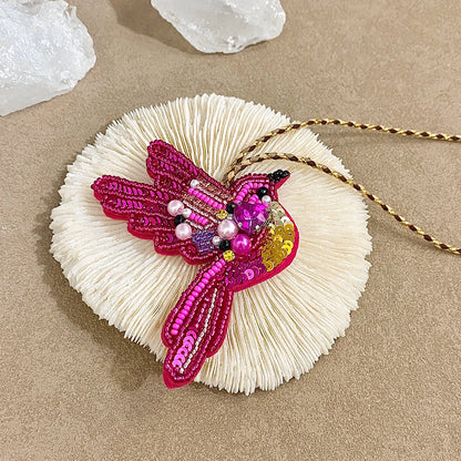 ALLYES Chic Cute Rose Red Seed Beads Sequins Hand-sewn Bird Keychain, Fashion Mobile Phone Handbag Hanging Charms Keyring