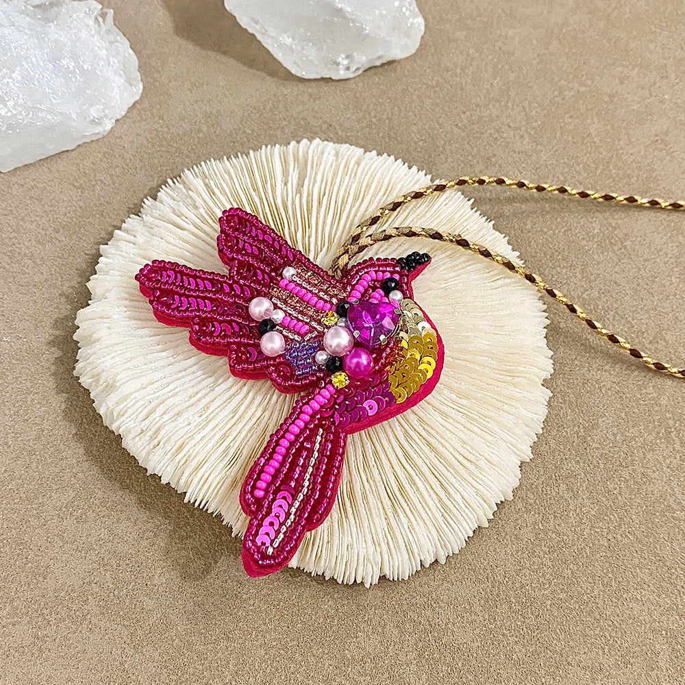 ALLYES Chic Cute Rose Red Seed Beads Sequins Hand-sewn Bird Keychain, Fashion Mobile Phone Handbag Hanging Charms Keyring