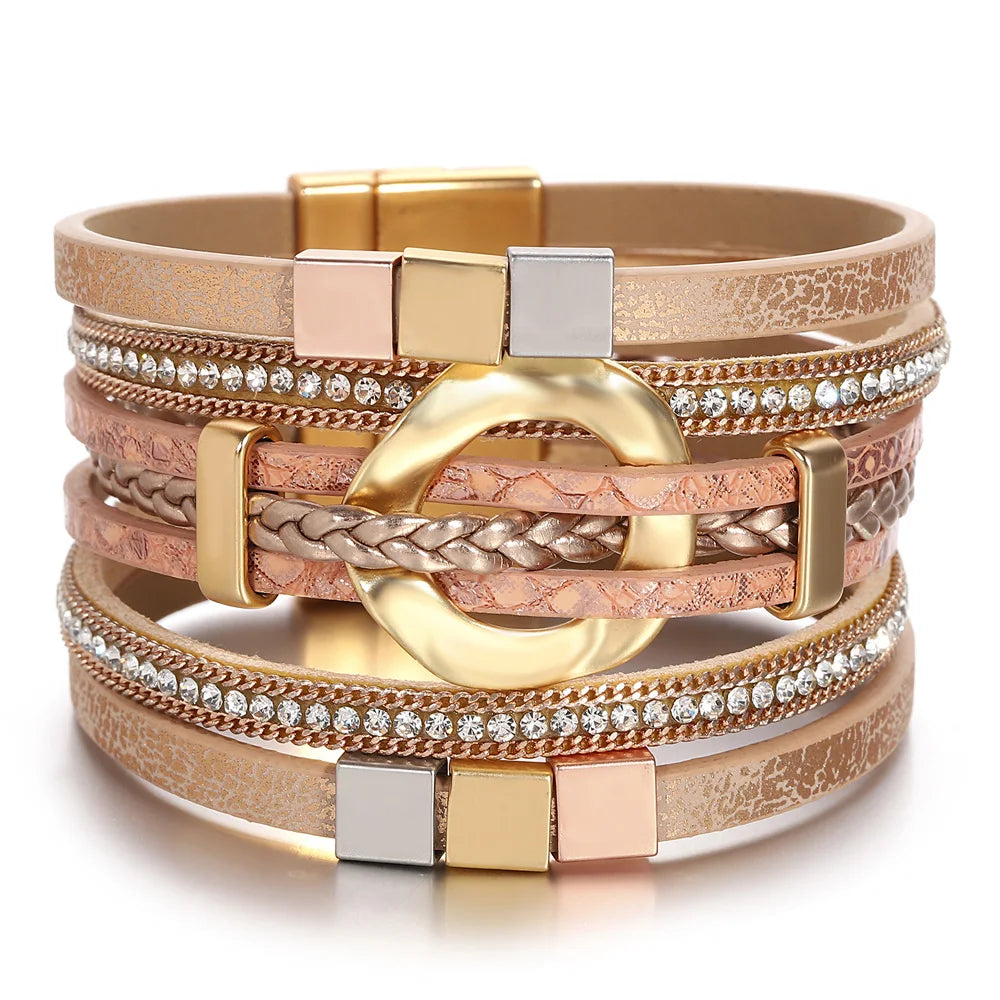 ALLYES Boho Round Braided Leather Bracelet for Women Men Vintage Multilayer Wrap Wide Bracelets & Bangles Party Jewelry Gifts