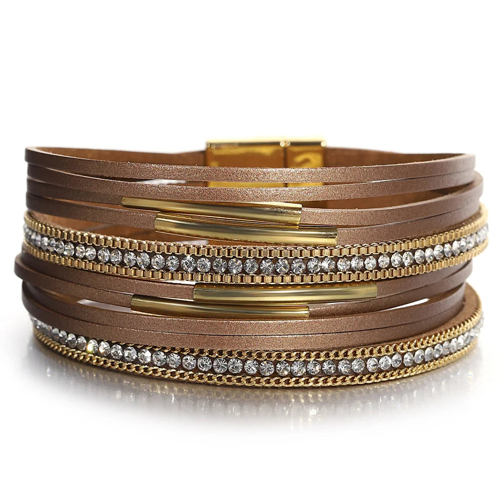 ALLYES Vintage Multilayer Wrap Leather Bracelet for Women Charm Rhinestone Metal Tube Wide Bangle Bracelets Party Jewelry Gifts