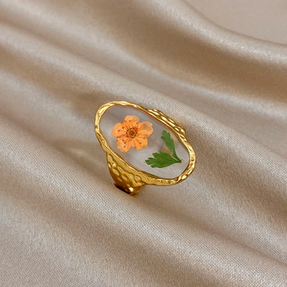 ALLYES Elegant Natural Flower Plant Oval Open Rings for Women Hammered Gold Plated Stainless Steel Finger Ring Jewelry Gifts