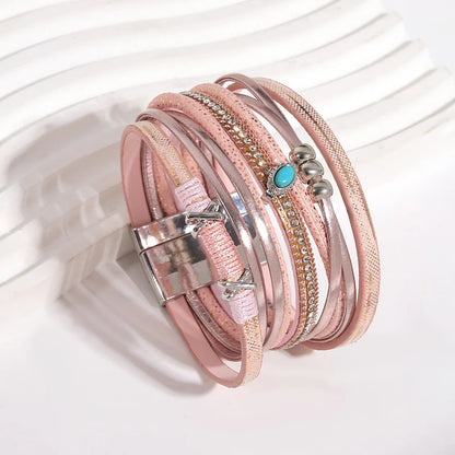 ALLYES Fashion Beads Cross Leather Bracelet for Women Men Chunky Rhinestone Chain Multilayer Wrap Wide Bracelets Party Jewelry