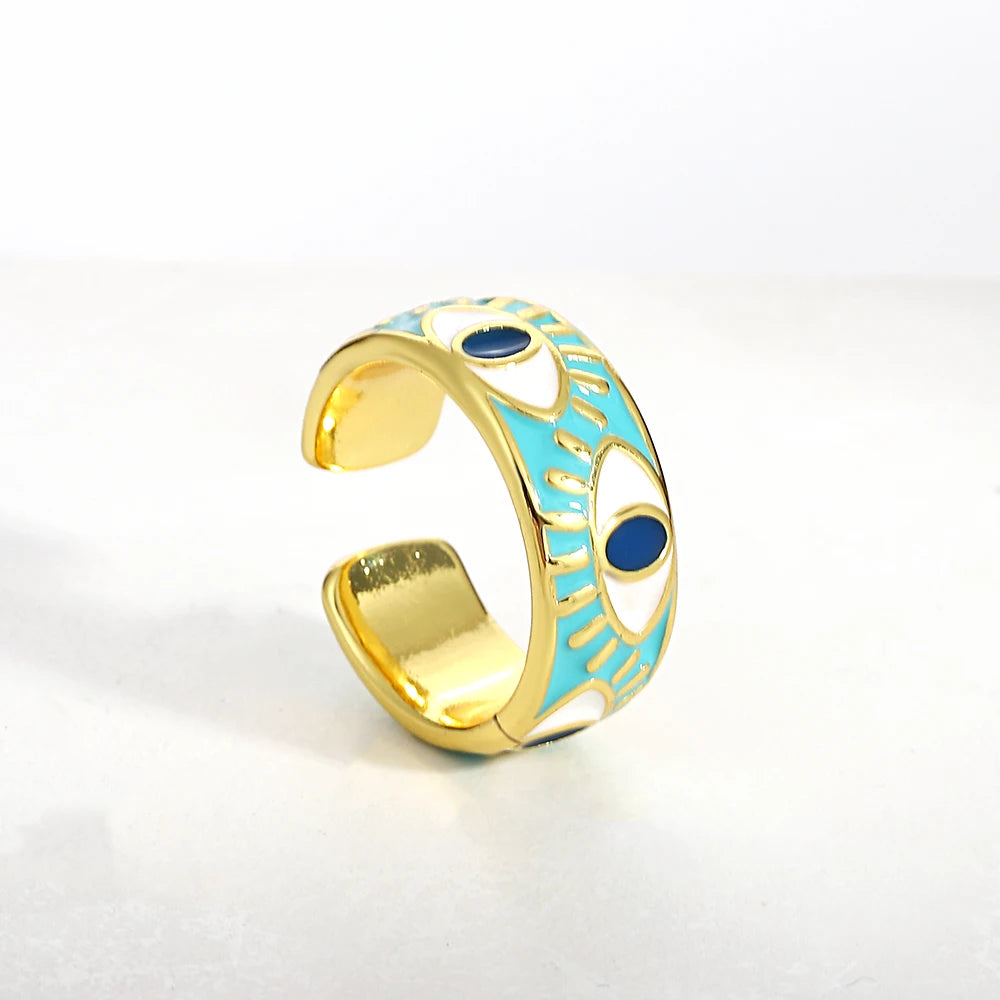 ALLYES Chunky Colorful Enamel Evil Eye Opening Rings for Women Personality Ethnic Matte Gold Color Finger Rings Charm Jewelry