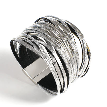 ALLYES Trendy Metal Tube Leather Bracelet for Women Men Chunky Glitter Filled Slim Multilayer Wrap Wide Bracelets Party Jewelry
