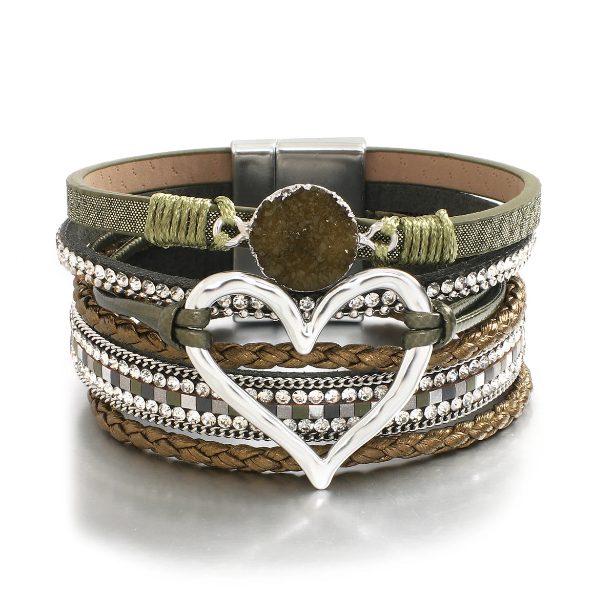 ALLYES Metal Love Heart Charm Leather Bracelets for Women Fashion Rhinestone Braided Wrap Bracelet Bangle Female Jewelry Gfits