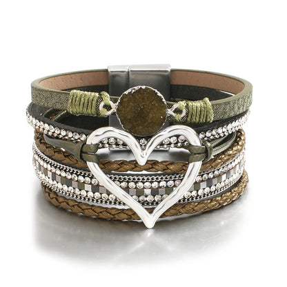ALLYES Metal Love Heart Charm Leather Bracelets for Women Fashion Rhinestone Braided Wrap Bracelet Bangle Female Jewelry Gfits