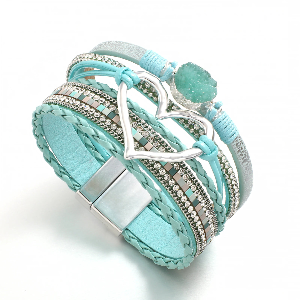 ALLYES Metal Love Heart Charm Leather Bracelets for Women Fashion Rhinestone Braided Wrap Bracelet Bangle Female Jewelry Gfits