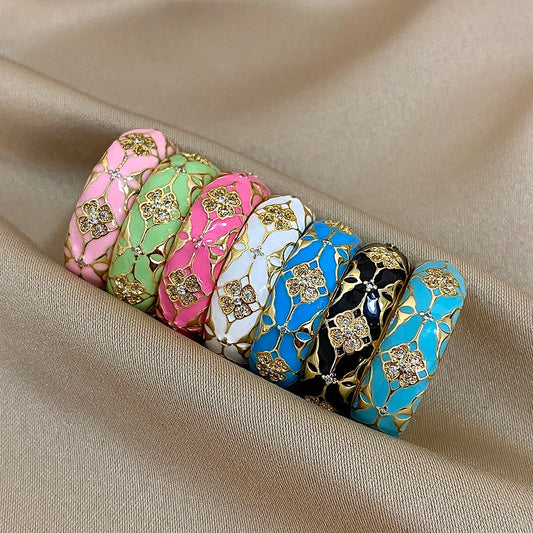 ALLYES Vintage Colorful Enamel Inlaid Rhinestone Opening Rings for Women Chunky Gold Color Finger Rings Jewelry Gifts