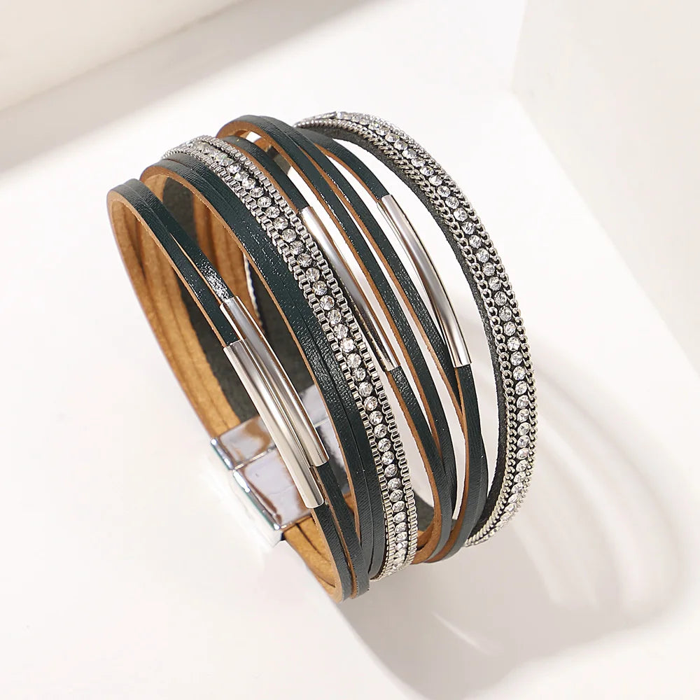 ALLYES Vintage Multilayer Wrap Leather Bracelet for Women Charm Rhinestone Metal Tube Wide Bangle Bracelets Party Jewelry Gifts