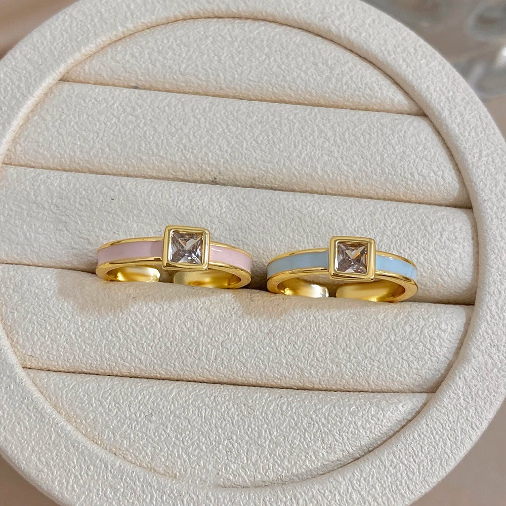 ALLYES Chic Enamel Square Zirconia Open Ring for Women Exquisite Gold Plated Copper Finger Rings Valentine's Day Gifts