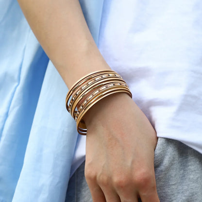 ALLYES Trendy Colorful Square Leather Bracelet for Women Men Boho Metal Tube Multilayer Wrap Wide Bracelets Charm Party Jewelry