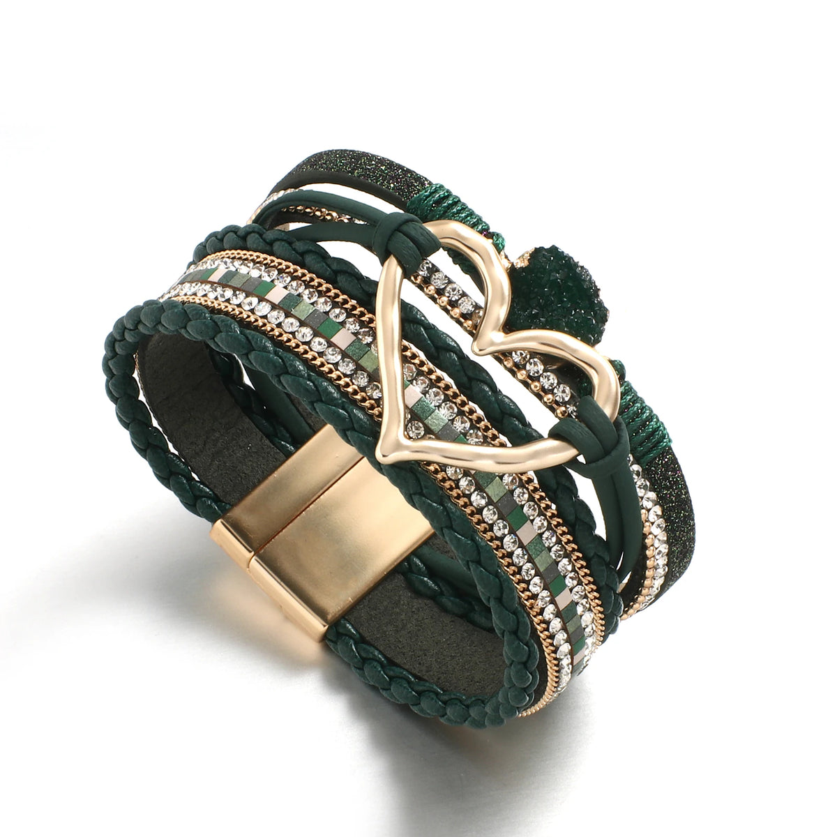 ALLYES Metal Love Heart Charm Leather Bracelets for Women Fashion Rhinestone Braided Wrap Bracelet Bangle Female Jewelry Gfits