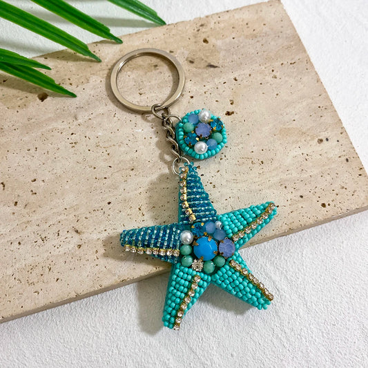 ALLYES Exquisite Seed Beads Hand-sewn Starfish Keychain, Trendy Mobile Phone Handbag Hanging, Flower Charms Keyring Accessories
