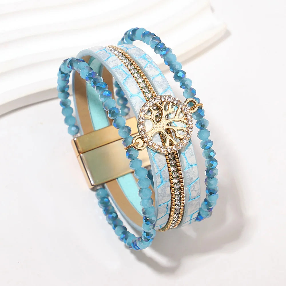 ALLYES Vintage Tree of Life Leather Bracelet for Women Multilayer Crystal Beads Chain Wrap Bracelets & Bangles Party Jewelry