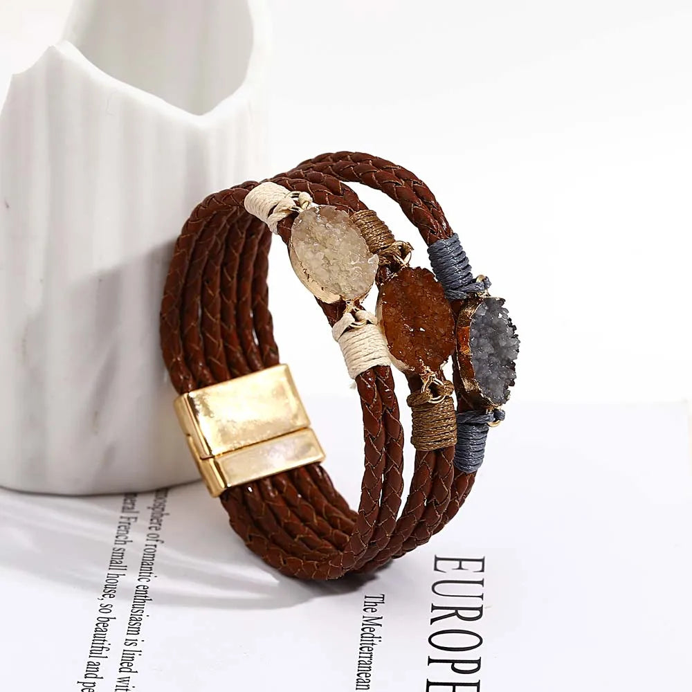ALLYES Vintage Natural Stones Leather Bracelet for Women Men Boho Handmade Braided Multilayer Winding Wrap Bracelets Jewelry