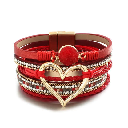 ALLYES Metal Love Heart Charm Leather Bracelets for Women Fashion Rhinestone Braided Wrap Bracelet Bangle Female Jewelry Gfits