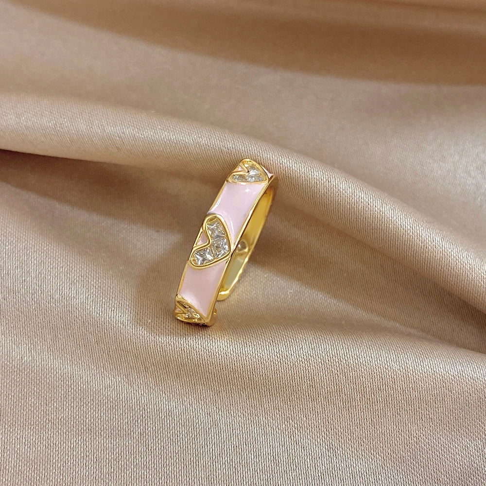 ALLYES Romantic Enamel Heart Zirconia Open Ring for Women Exquisite Gold Plated Copper Finger Rings Valentine's Day Gifts