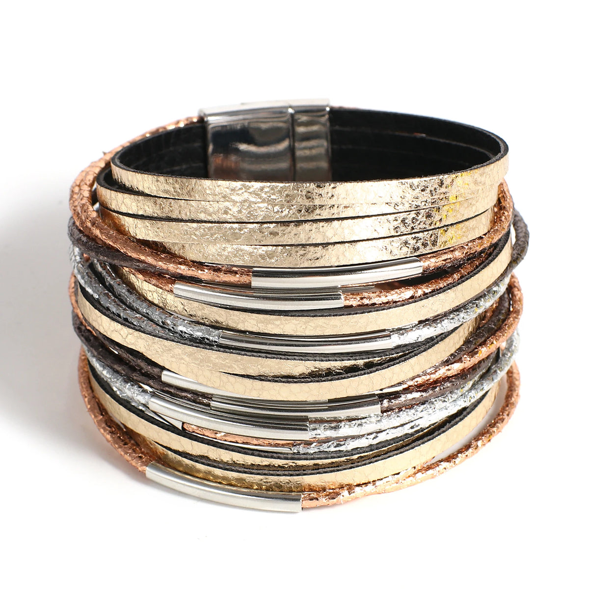 ALLYES Trendy Metal Tube Leather Bracelet for Women Men Chunky Glitter Filled Slim Multilayer Wrap Wide Bracelets Party Jewelry