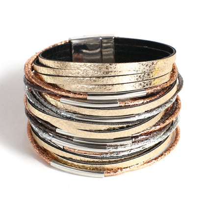 ALLYES Trendy Metal Tube Leather Bracelet for Women Men Chunky Glitter Filled Slim Multilayer Wrap Wide Bracelets Party Jewelry