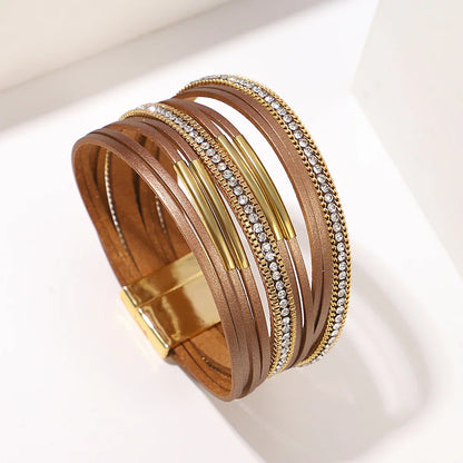 ALLYES Vintage Multilayer Wrap Leather Bracelet for Women Charm Rhinestone Metal Tube Wide Bangle Bracelets Party Jewelry Gifts