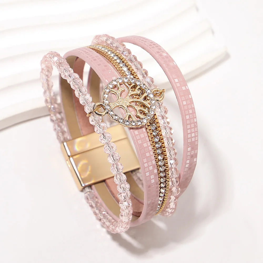 ALLYES Vintage Tree of Life Leather Bracelet for Women Multilayer Crystal Beads Chain Wrap Bracelets & Bangles Party Jewelry